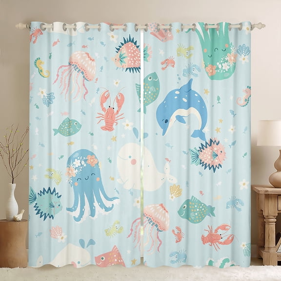 Homewish Kawaii Dolphin Octopus Black Out Curtains for Kids, Cute Ocean Whale Fish Curtains Pack of 2 (42x63 Each), Cartoon Sealife Bedroom Curtains, Black Out Curtains Room Decor