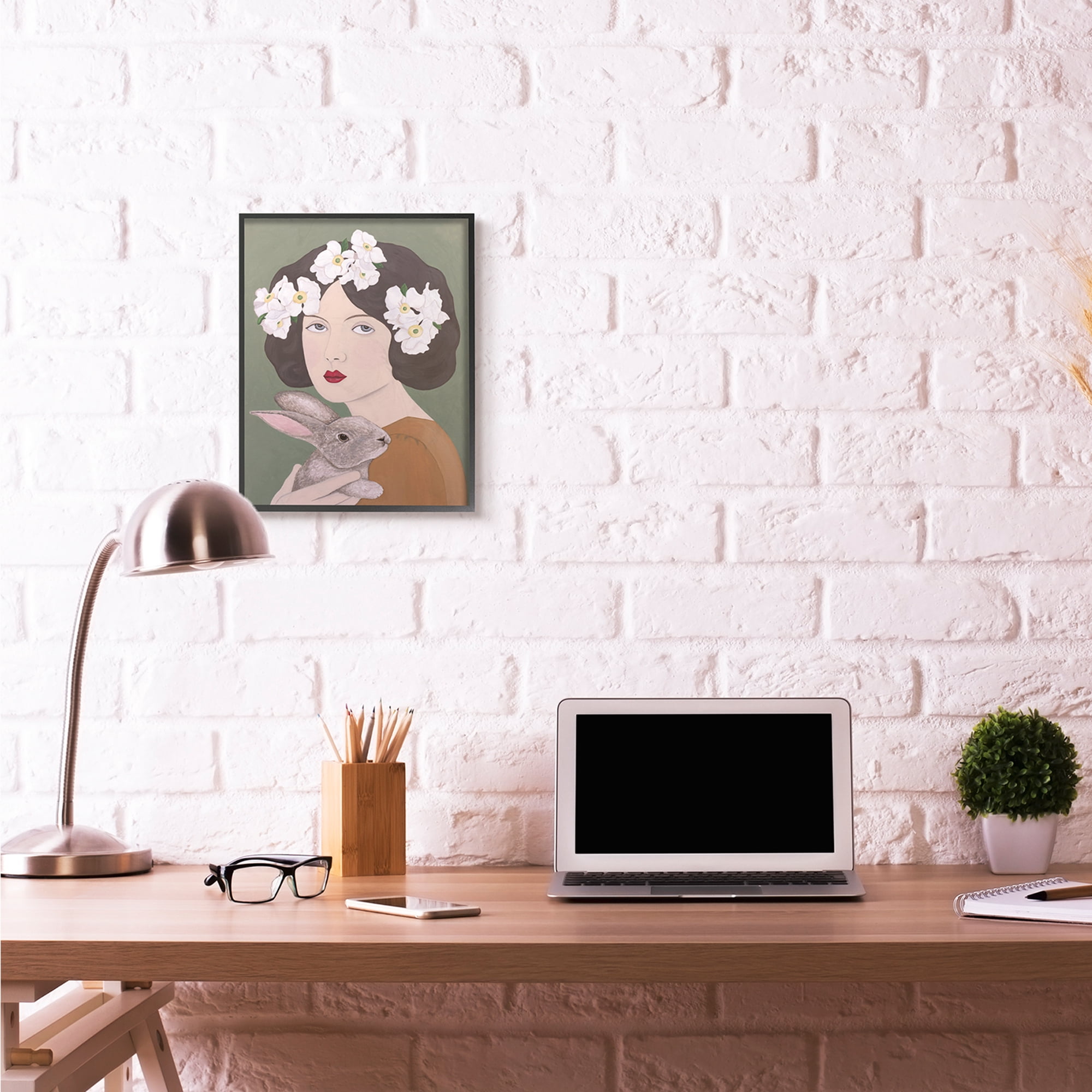 Stupell Industries Woman And Rabbit White Flower Animal Painting Black Framed Art Print Wall Art, 16x20, by Sally B