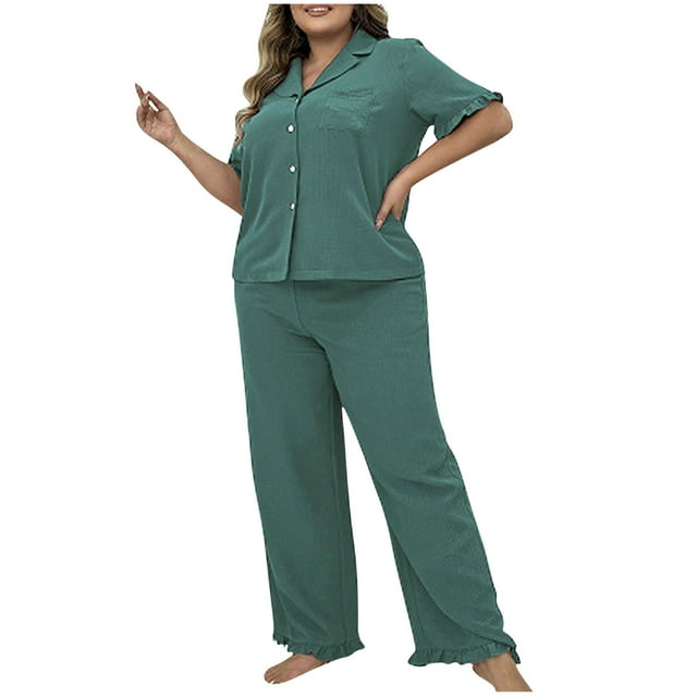 Timegard Lounge Sets for Women Pajamas Lapel V Neck Button up Shirts Ruffle Pants Comfy Summer Outfits