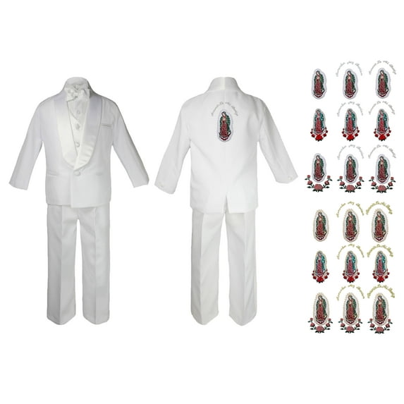New Born Baby Boy Teen Christening Communion Formal White Paisley Suit Silver or Gold Guadalupe Virgin Mary Maria On Back SM-20