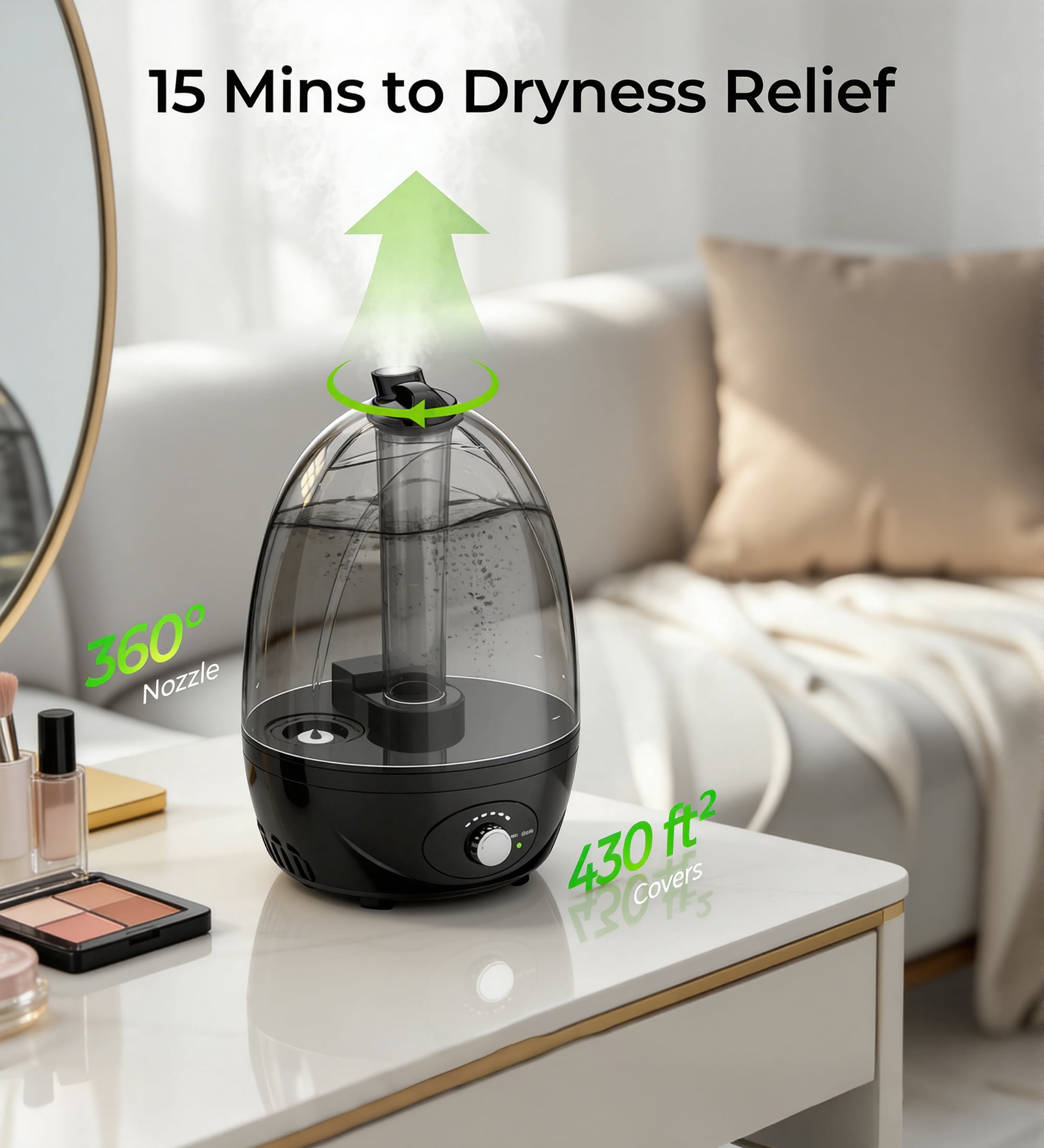 NFTIGB Cool Mist Humidifier for Bedroom, Quiet Ultrasonic Humidifier with 3L Water Tank and Adjustable Mist Output, Black