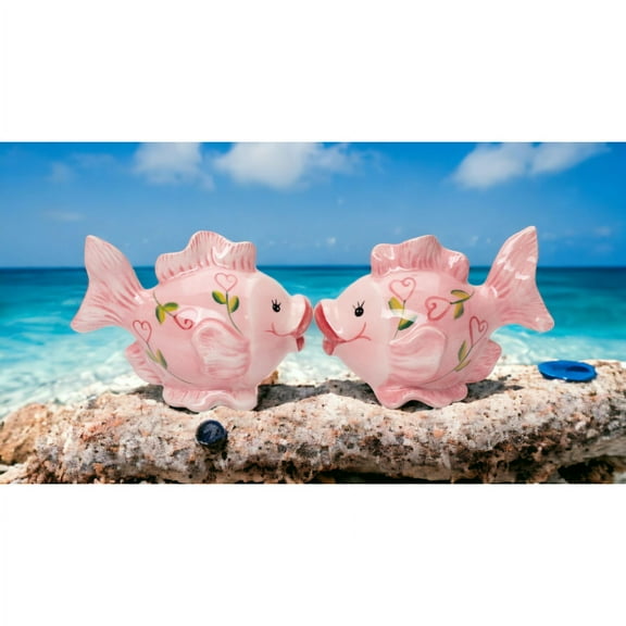 Ceramic Pink Fish Salt and Pepper Shakers Hearts 3 7/8 inch Gift