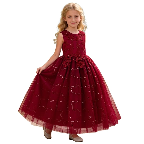 MEZZALL Kids Girls Formal Party Dress Elegant Tutu Gown For Recital Pageant And Occasions Solid Color O-Neck For Holiday Weekends