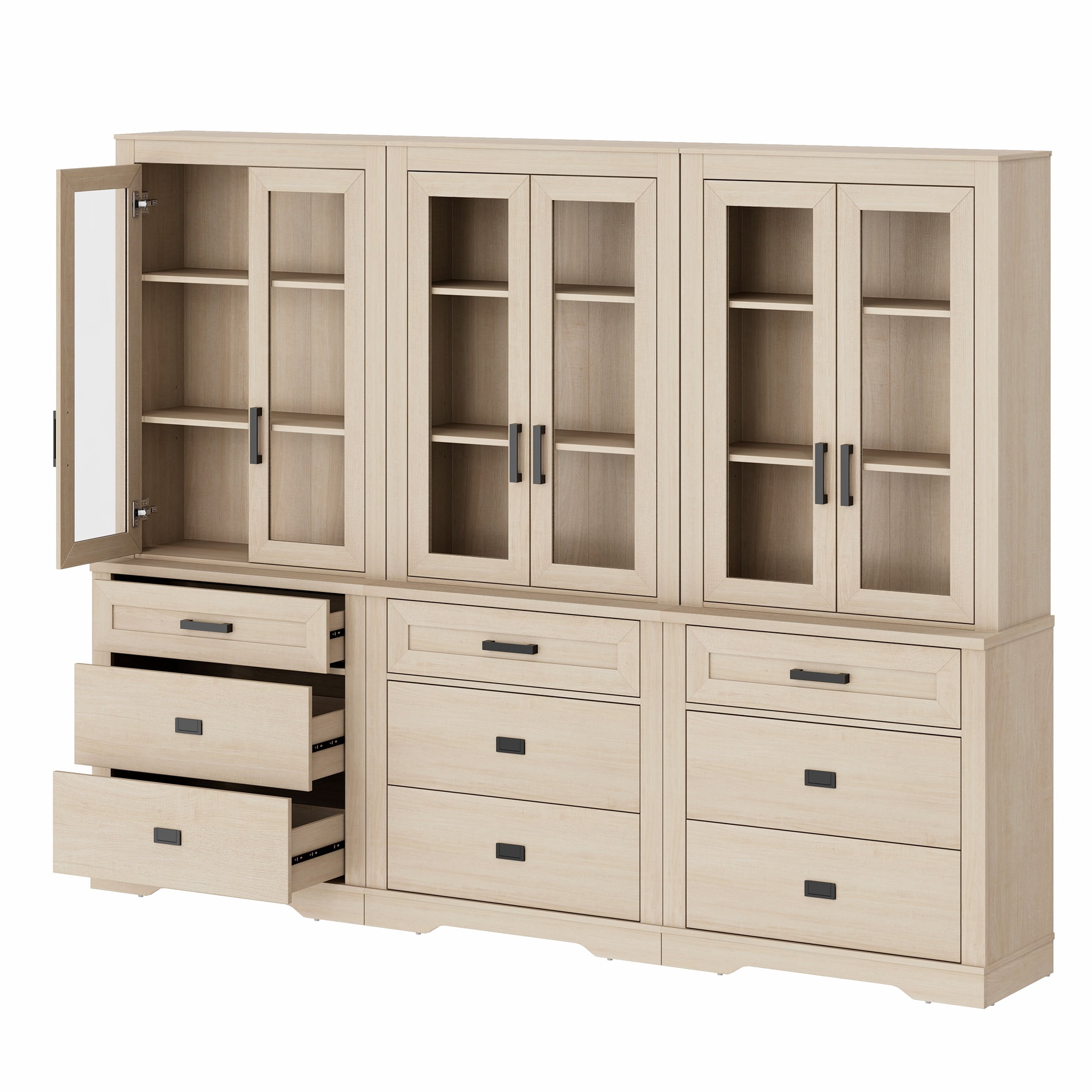 WAMPAT 3 Column 3 Tier Bookcase with Drawer,73.3" Tall Floor Standing Bookshelf,Modern Farmhouse Display Storage Cabinet with Adjustable Shelves for Living Room,Beige