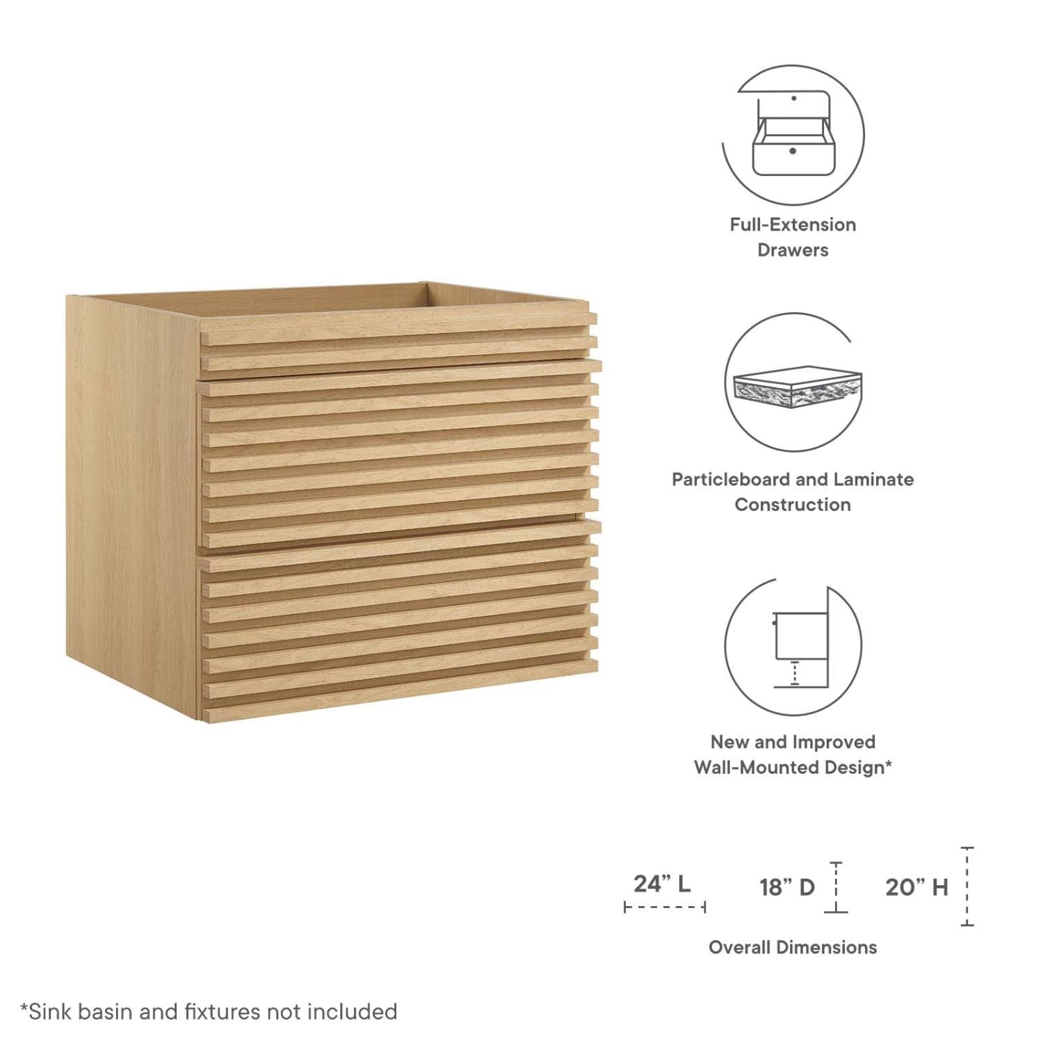 Modway Render 23.5" MDF Wood Wall-Mount Bathroom Vanity Cabinet in Oak