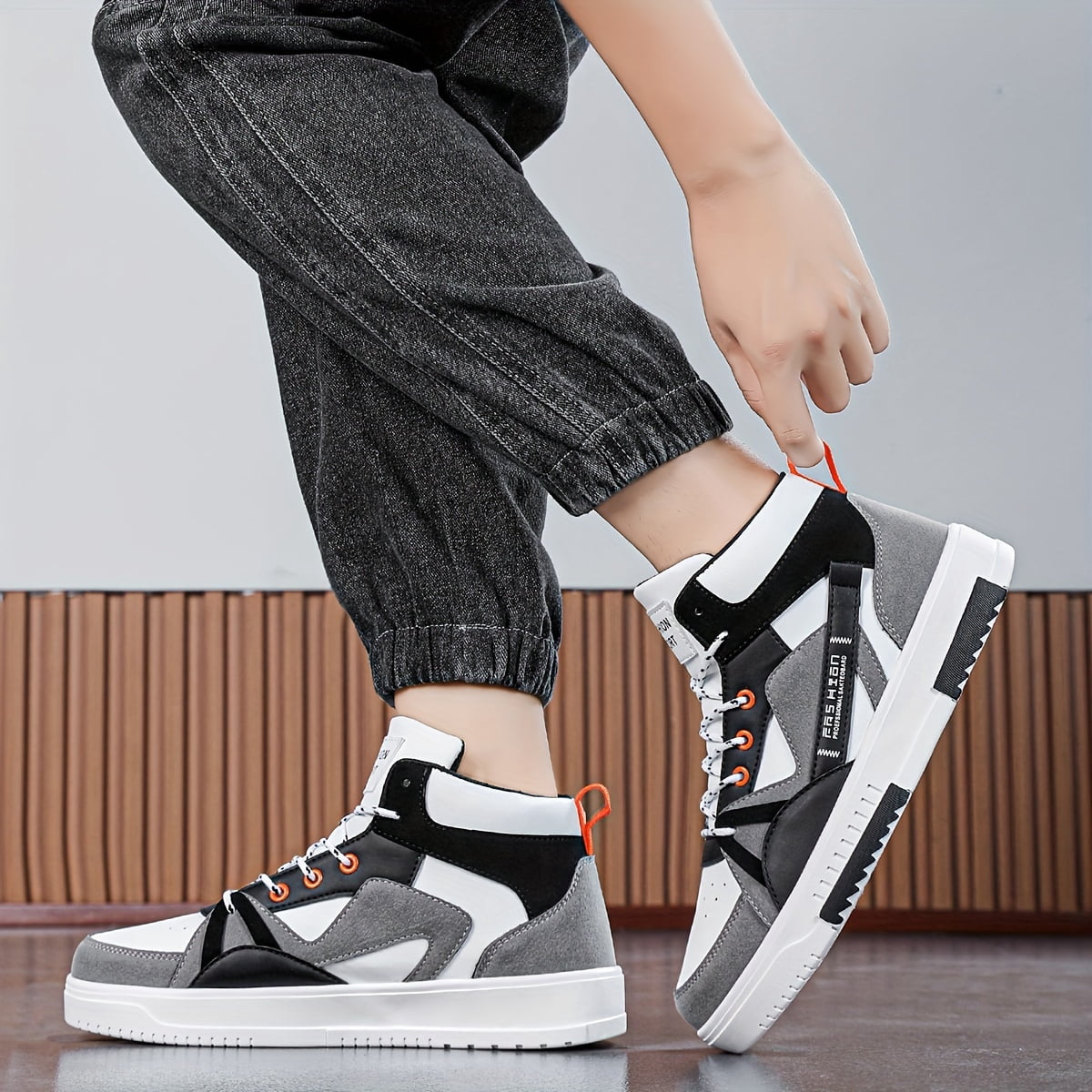 [sneakers] Men'S Letter-Patterned Color-Blocking Lace-Up Sports Comfortable Skate Shoes, Outdoor Non-Slip High-Top Athletic Hiking Shoes, Perfect for Everyday Casual Outdoor Activities