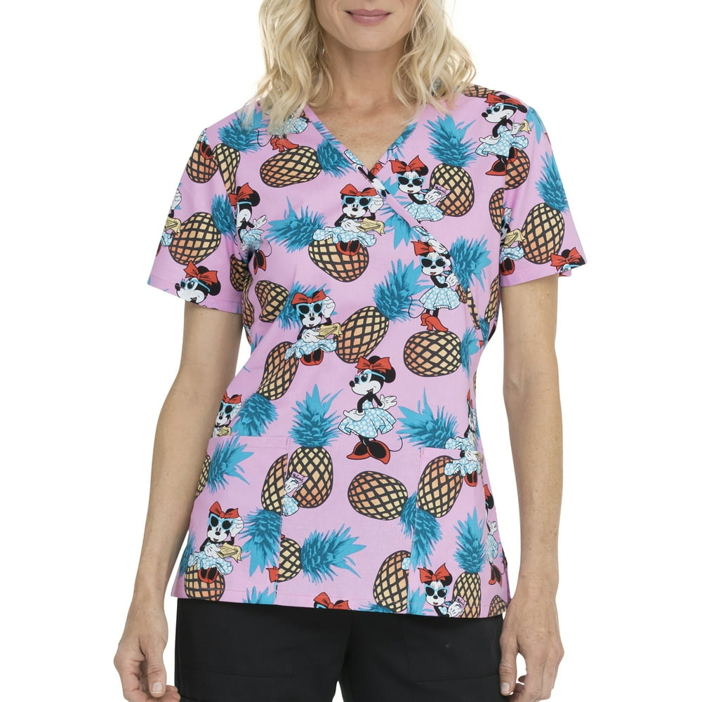 Scrubstar Mock Wrap Disney "Pineapple Minnie" Cotton Print Scrub Top