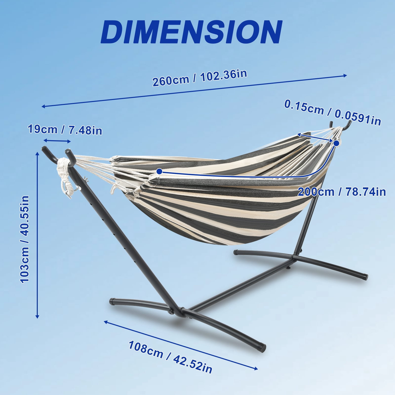 Double Hammock with Stand Sturdy 440lbs Capacity Hammock for Camping Outside Garden Outdoor Indoor Patio Backyard, Black White