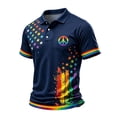 thumbnail image 3 of Men's Rainbow Peace Sign Polo Shirt with Colorful Star Splatter Graphic and Striped Cuffs Featuring Classic Collar Short Sleeves Navy XL, 3 of 5