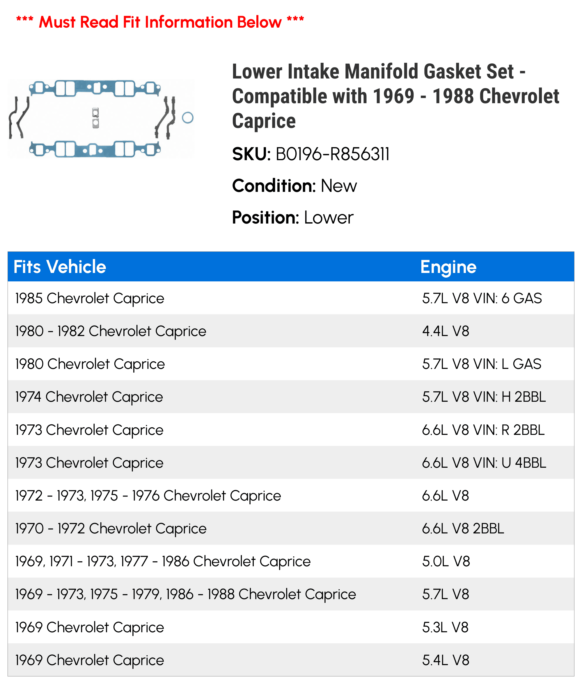 Lower Intake Manifold Gasket Set - Compatible with 1969 - 1988 Chevy Caprice 1970 1971 1972 1973 1974 1975 1976 1977 1978 1979 1980 1981 1982 1983 1984 1985 1986 1987