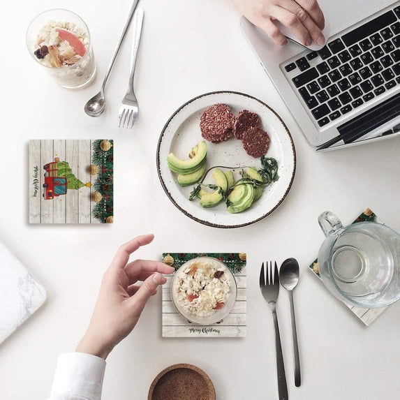 KXMDXA Car With Christmas Gifts Farmhouse Style Wood Plank Set of 6 Coaster for Drinks, Absorbent Ceramic Stone Coasters Cup Mat with Cork Base for Home Kitchen Room Coffee Table Bar Decor