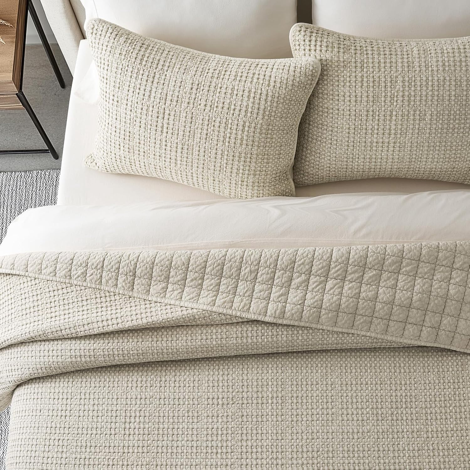 EVERGRACE Stonewashed 100% Natural Cotton Waffle Quilt Set King Size 3 Pieces, Soft, Breathable & Substantial Bedding, Quilted Coverlet Bedspread with 2 Shams for All Seasons, Natural