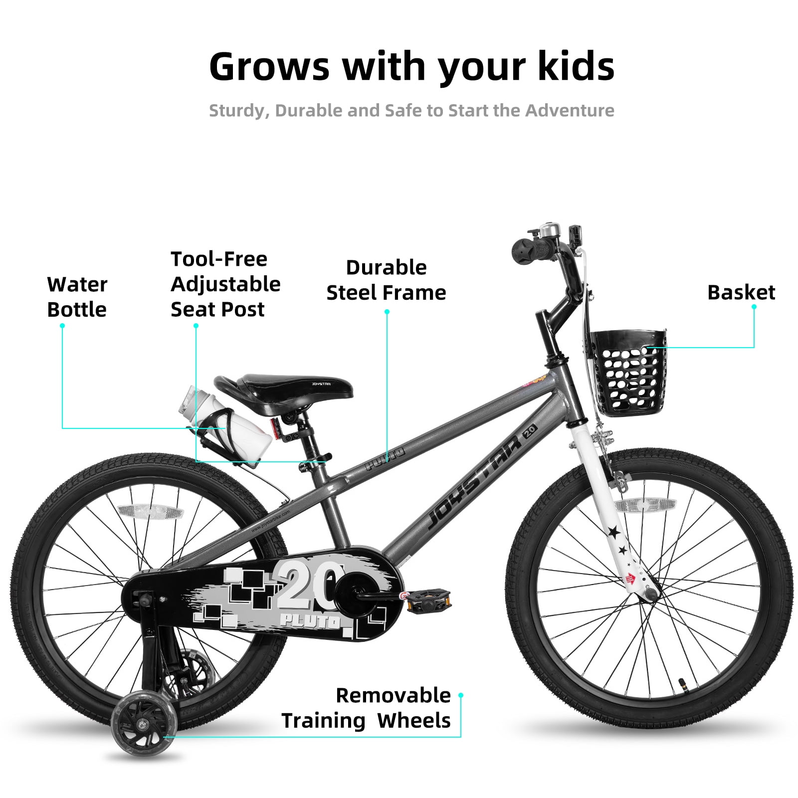 JOYSTAR Pluto Kids Bike with Training Wheels for 18 inch Bike, Gray