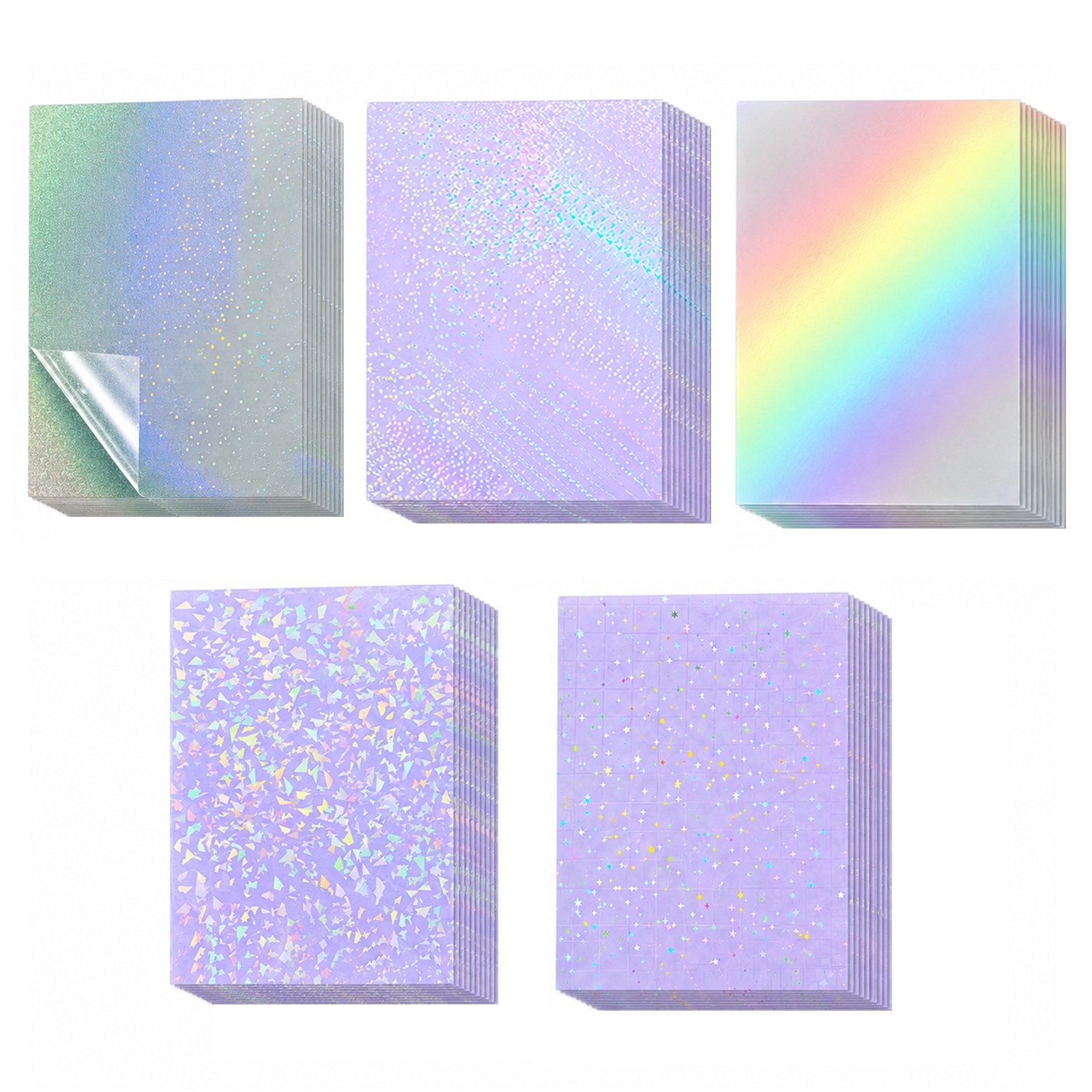 50 Sheets Holographic Laminate Sheets Clear Self Adhesive Sticker Paper | Transparent Waterproof Laminating Sheets Holographic Vinyl Overlay for Stickers, Cricut Crafts, Photos, 8.5x11 inch- 5 Styles