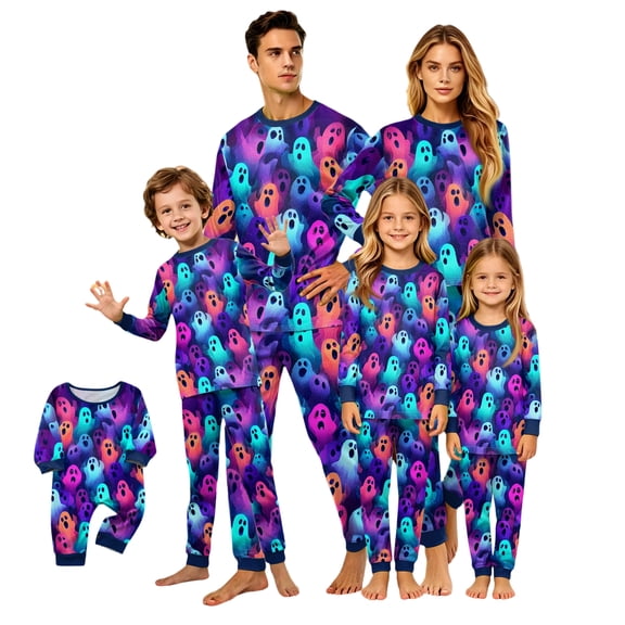 Matching Family Halloween Pajamas Set - 2026 Cute Ghost & Pumpkin Print Two-Piece Sleepwear Pjs - Family Matching Pajamas Soft Holiday Jumpsuit Loungewear for Family