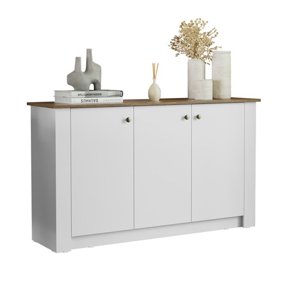 Madesa Modern Sideboard Buffet Storage Utility Cabinet with 3 Doors 53 Inch Wooden Organization Entryway Unit for Dining Room, Living Room, Bedroom - White/Brown