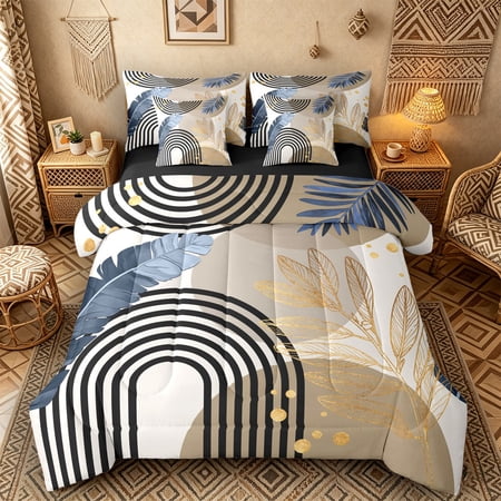 Castle Fairy Boho Tropical Leaf Bedding Comforter Set 7pcs for Teens Geometric Print Queen Bedding Sets for Bedroom Blue Beige Black Reversible