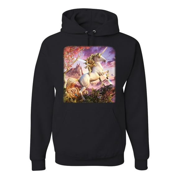 Unicorn Fanstasy Rainbow Castle Unisex Graphic Hoodie Sweatshirt, Black, Small