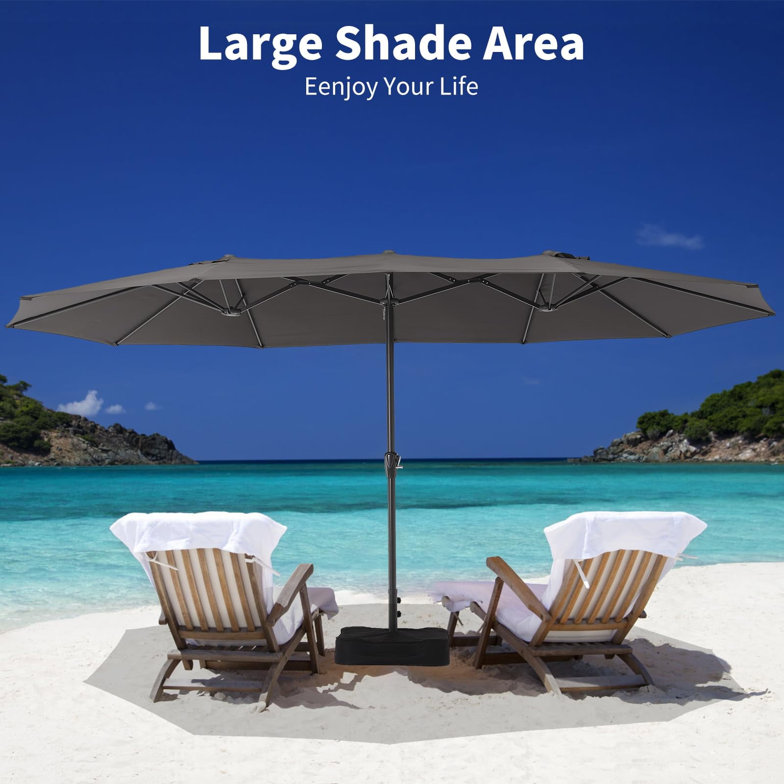 Emorefun Patio Umbrella with Base, 15FT Large Outdoor Umbrella with Crank Handle & 12 Strong Ribs for Garden, Backyard, Poolside, Dark Gray