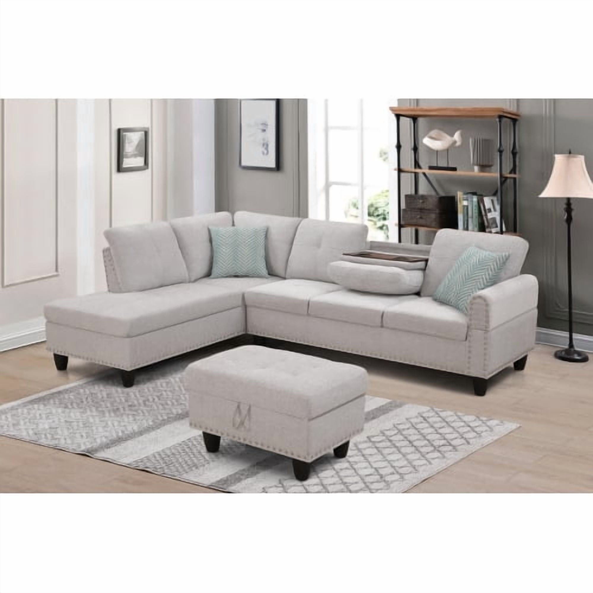 BSHTI 3-Seat Contemporary Linen L-Shaped Sectional Sofa with Reversible Storage Chaise, Storage Ottoman, Cup Holders for Living Room（Light Gray）