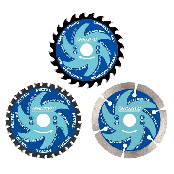 3-3/8" (85mm), Stone. Wood, Metal Cutting Circular Saw Blade 3 pcs Set, Arbor 15mm with 3/8“(10mm) Wahser, Use on All Brand Cordless Saw