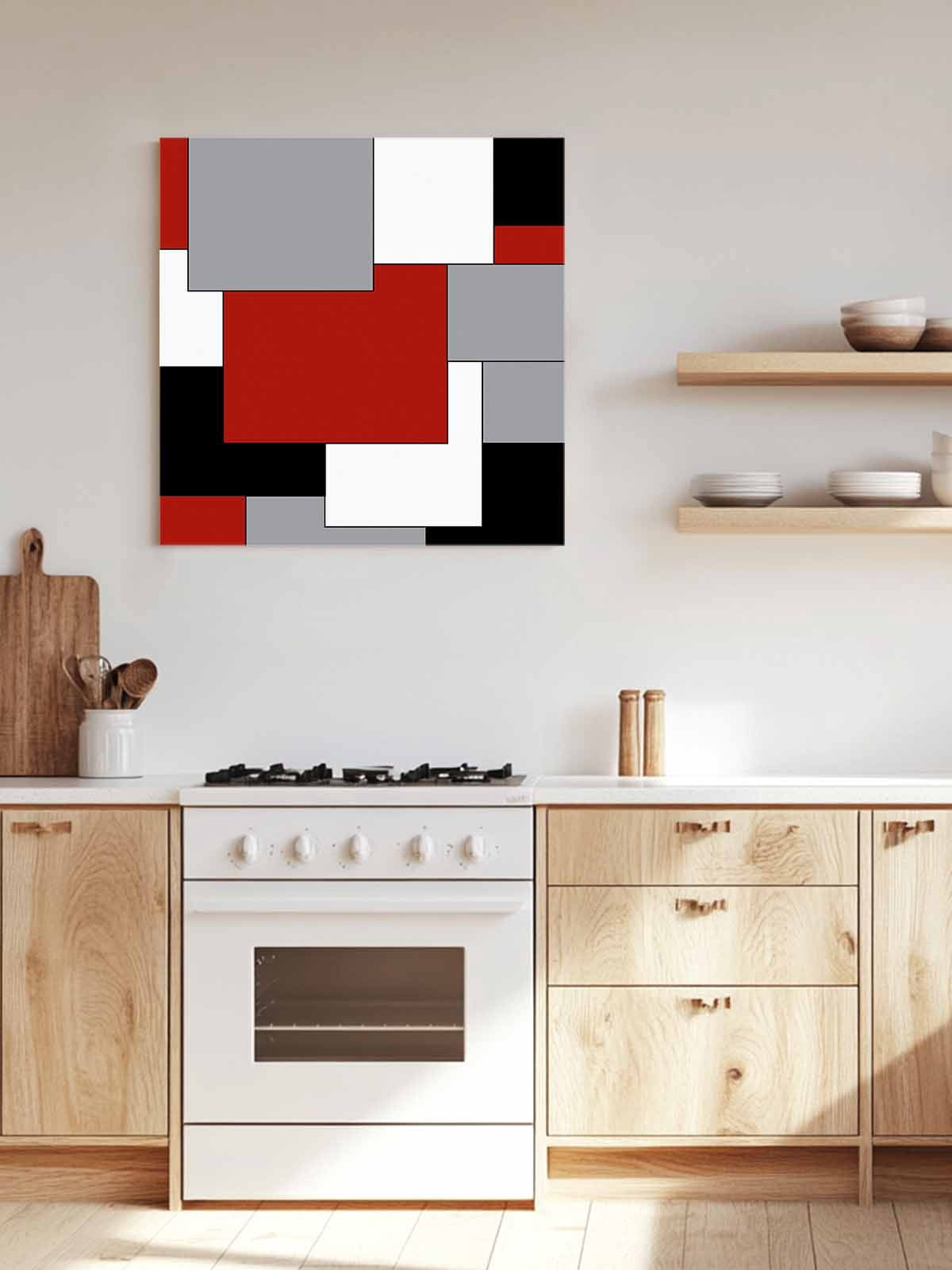 Abstract Art Canvas Wall Art, Patchwork Red Black and Grey Framed Wall Decor Modern Artwork Prints Painting for Living Room, Bedroom, Kitchen & Cafe Decor 16x16 Inch
