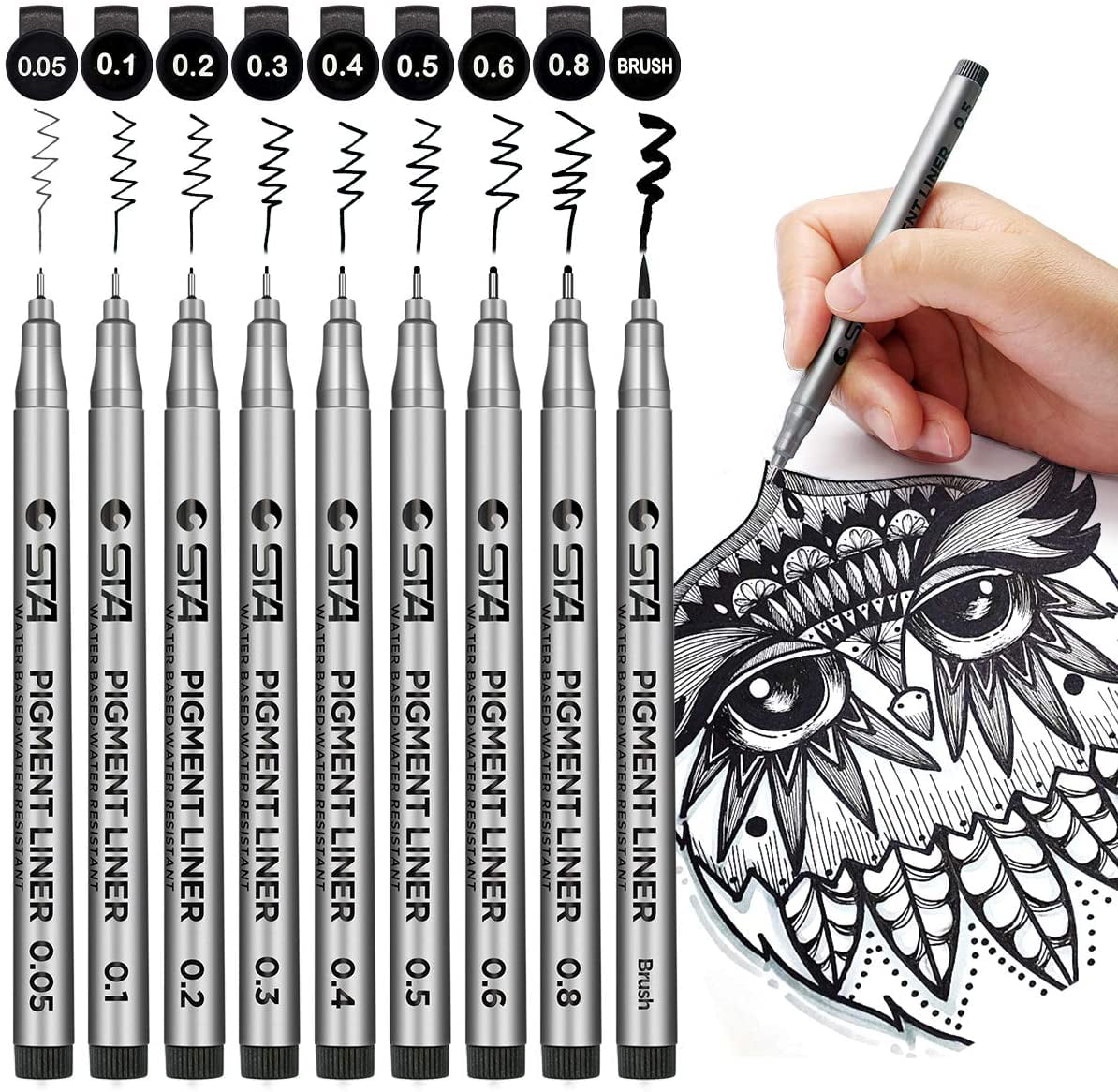 8 Pcs Fineliner Pen Set Black Pigment Liner Sketching Drawing Pens Graphic Assorted Nib Pens Needle Line Marker Gel Pens for Bullet Journal Drafting Office Documents Comic Manga Scrapbooking School