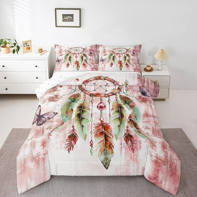 Parure de Lit Attrape-Rêves Bohème Format Simple pour Filles Femmes, Ensemble de Couette Ombré Rouge Simple, Insert de Couette Boho à Plumes Dégradées Chic, Courtepointe/édredon Papillon, Literie Esthétique Abstraite Couettes et Ensembles
