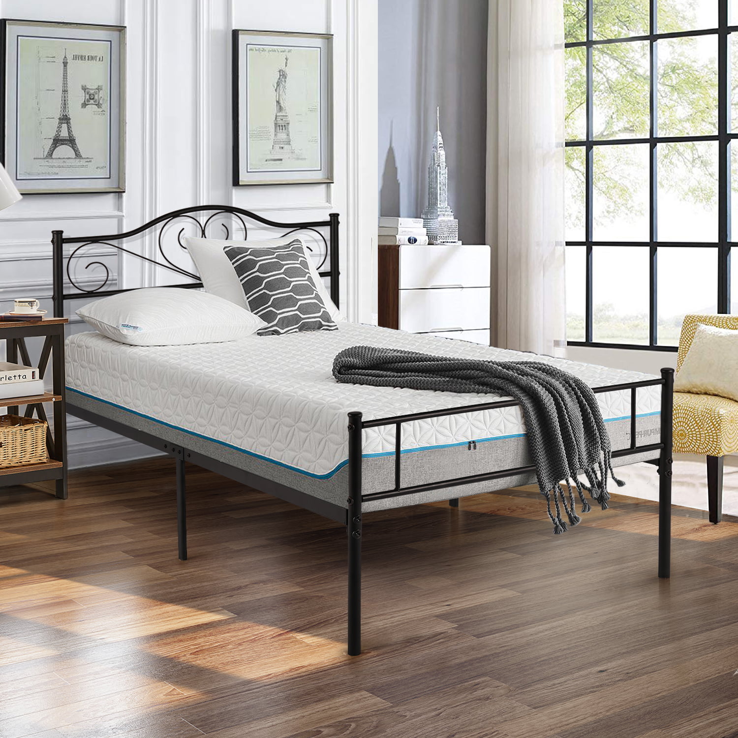 VECELO Twin Size Metal Bed Frame With Headboard Platform Bed Frame,Non