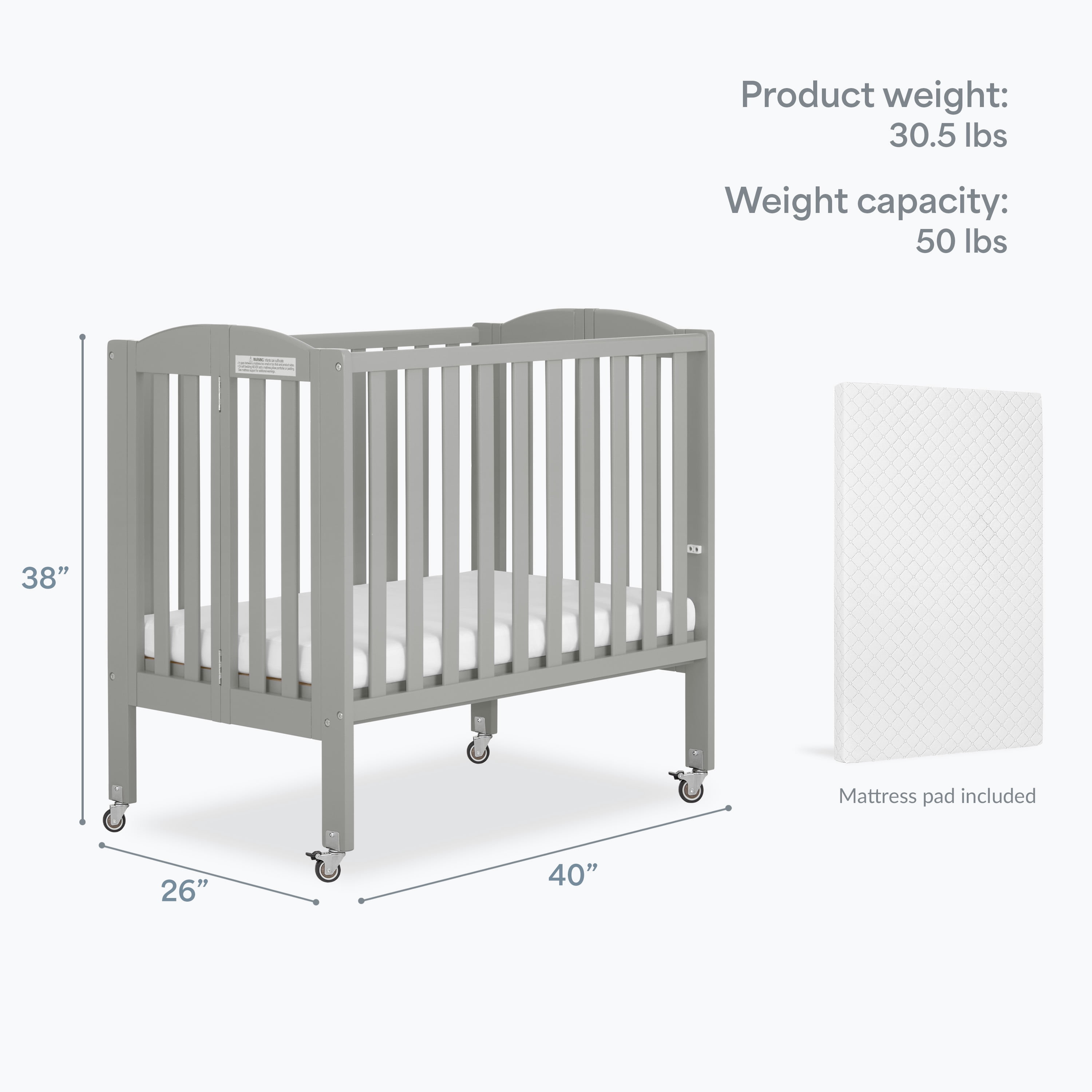 Dream On Me 2‑in‑1 Folding Portable Mini Crib for Babies – Compact Size, Mattress Pad Included,Cool Grey