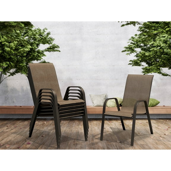 Stacking Patio Dining Armchairs - Set of 6 - Brown