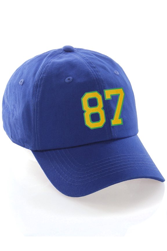 Customized Number Hat 00 to 99 Team Colors Baseball Cap, Blue Hat Green Gold Number 87