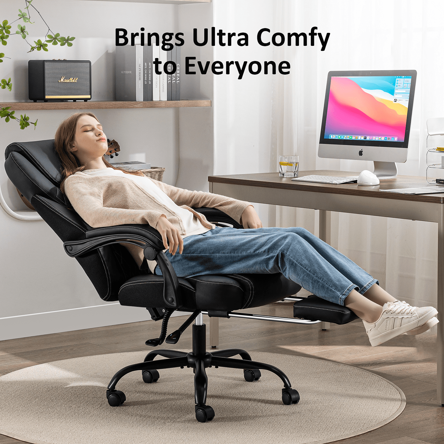 TMV 10-Position Adjustable Office Chair, Reclining Work Chair with Lumbar Support with Desk Foot Rest，Black