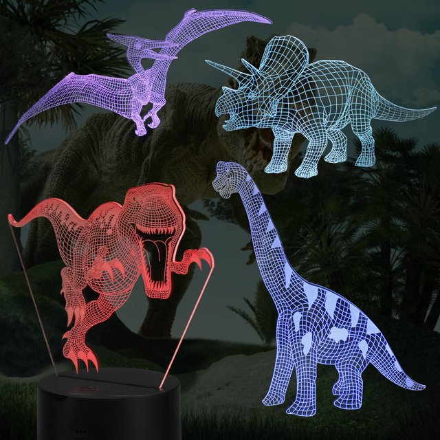 Luz nocturna de dinosaurio 3D, 4 patrones y 16 colores que cambian la lámpara de ilusión con control remoto y Smart Touch, lámpara de noche creativa de dinosaurio, regalo para niños y niñas, decoració