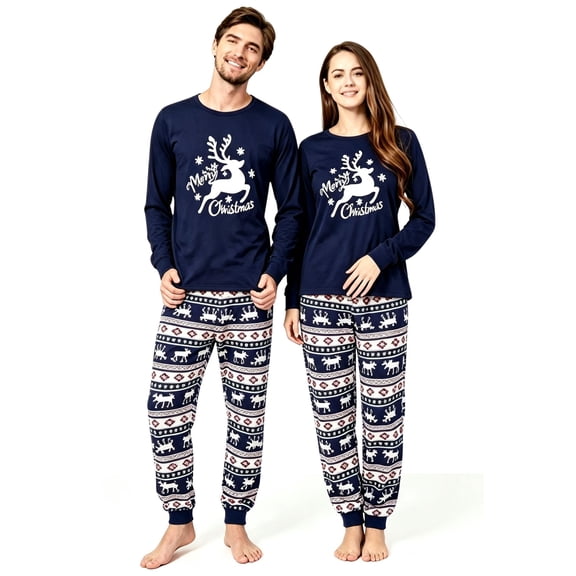 Qaltryn Christmas Pajamas for Women and Men Relaxed Fit Printed Long‑Sleeve Sleep Sets Festive Reindeer Pajamas for Holiday Home Party