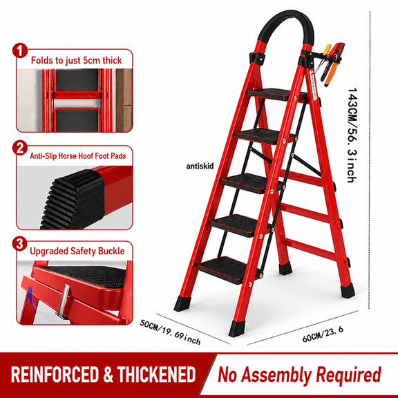 Upgraded Folding Steel Ladder, 2/3/4/5 Steps Optional, 4-Step Red & Black, 330 LBS Heavy-Duty Portable Household Ladder with Wide Anti-Slip Pedals and Built-In Tool Tray