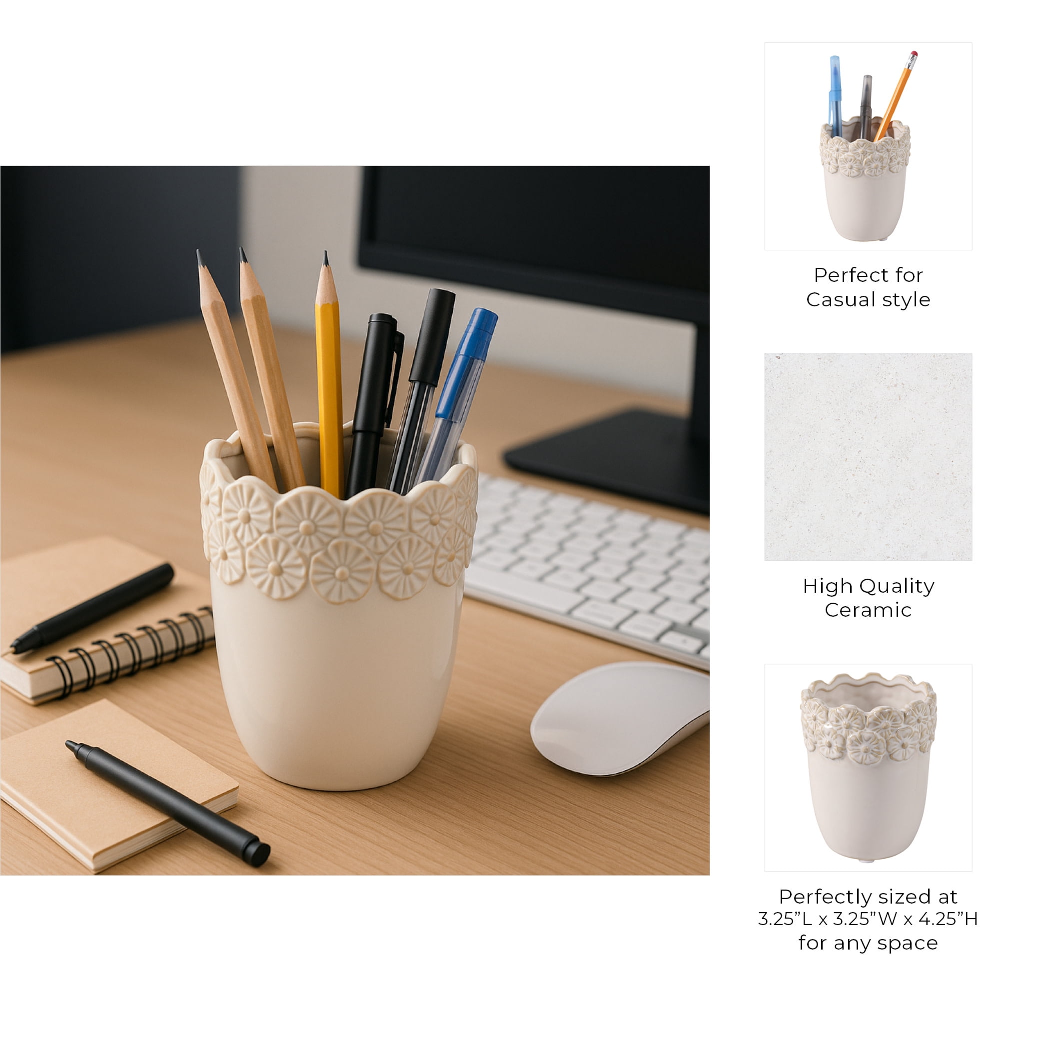 Flower and Scallop Border Ceramic Desk Organizer - Cute Desktop and Office Storage Organizer for Workspace Decor - Functional Small Desk Holder for Office Accessory and Home Decor - 5", Ivory