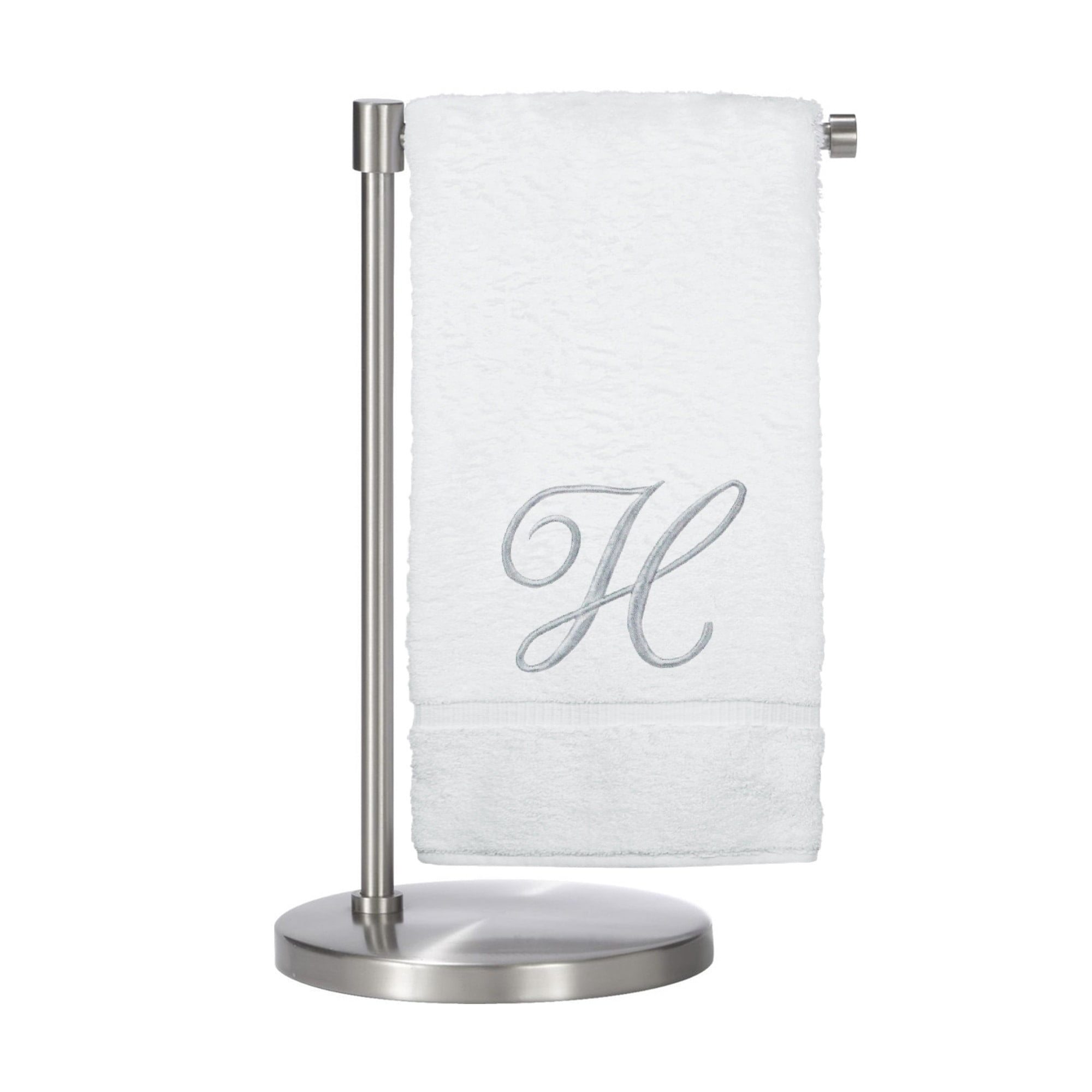 Monogrammed Bath Towel, Personalized Gift, 27 x 54 inches - Set of 2 - Silver Script Embroidered Towel - 100% Turkish Cotton- Soft Terry Finish - for Bathroom or Spa - Script H White