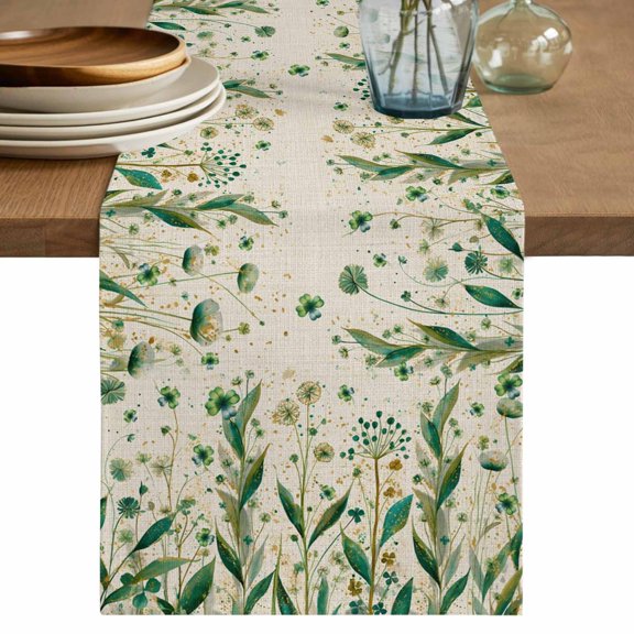 St Patrick's Day Table Runner 36 Inches, Spring Leaves Green Flowers Plants Beige Bed Runner Dresser Scarves Tabletop for Indoor Outdoor Parties/Ceremony/Banquet, 13"x 36"