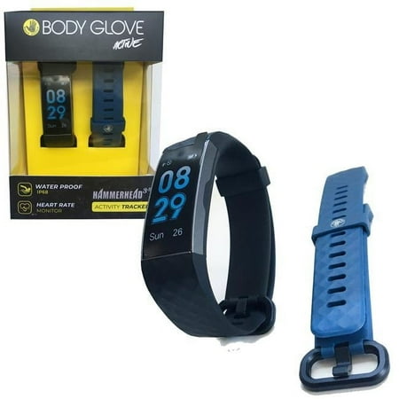 Body Glove Body Glove Activty & Fitness Tracker & Heart Rate Monitor with Alternative Colored Extra Strap, Black watch with Blue Extra Strap