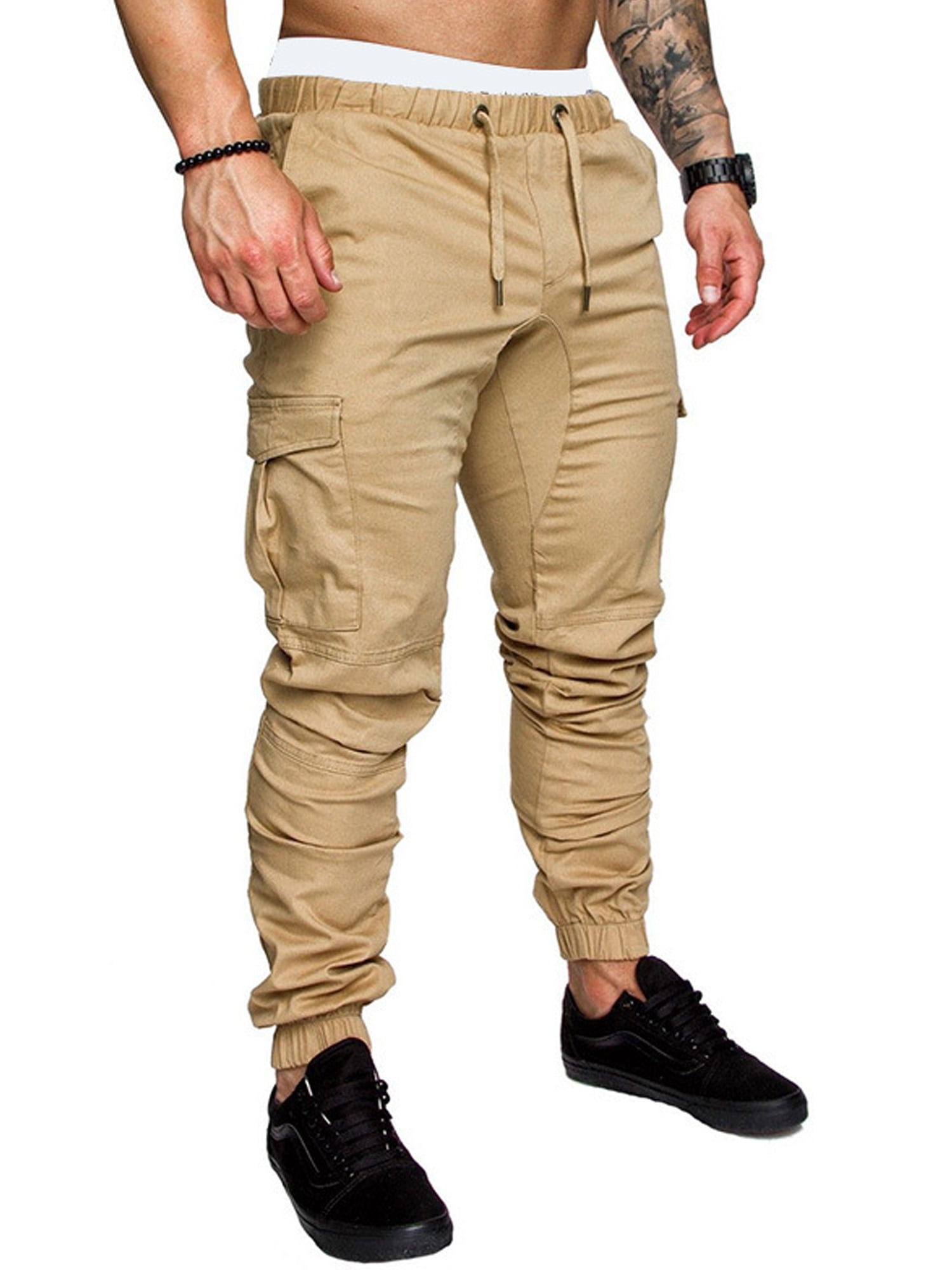 Mens Cargo Pants Slim Fit Casual Plain Drawstring Elastic Waist Letter Printed Pockets Sports Jogger Pants Trouser