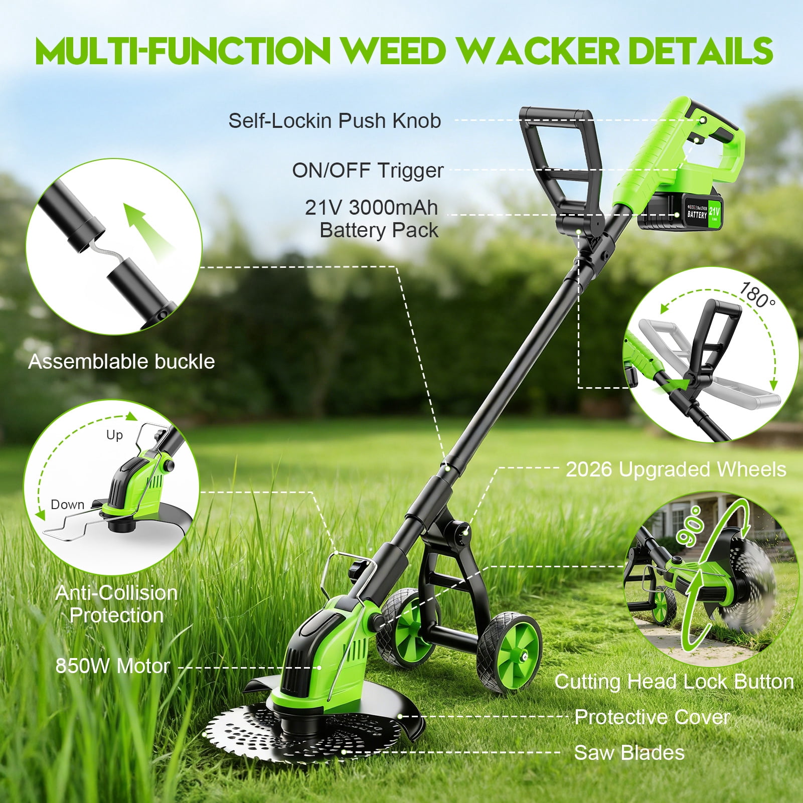 Fovendi Electric Weed Eater Battery Powered,12″Weed Wacker, 4 in 1 Grass Trimmer/Brush Cutter/Grass Edger/Weed Trimmer