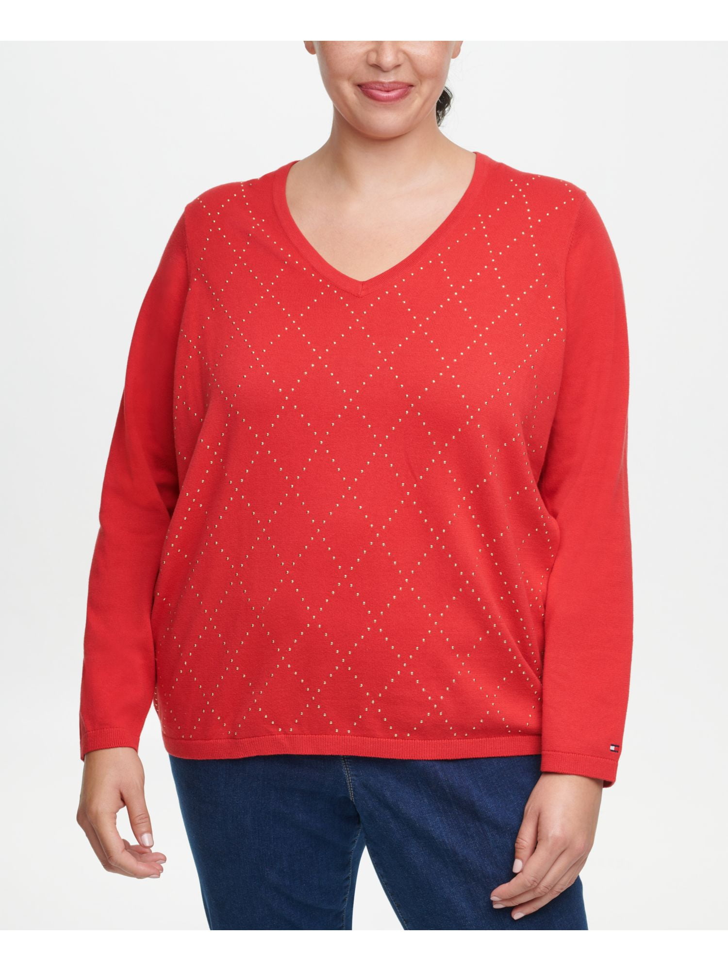 TOMMY HILFIGER Womens Red Cotton Sleeve Sweater Plus 1X -