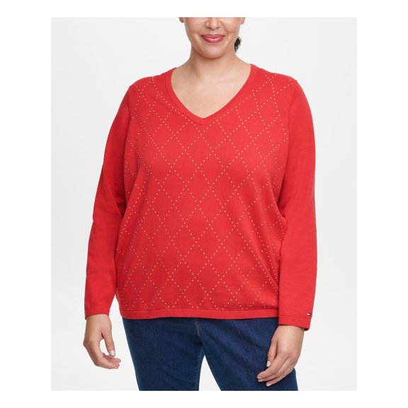 TOMMY HILFIGER Womens Red Cotton Argyle Long Sleeve V Neck Sweater Size: 0X