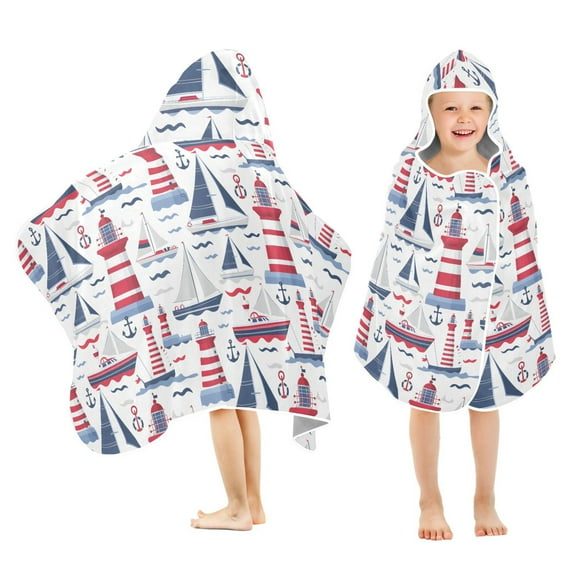 Toddler Hooded Beach Towel 24x50 Kids Bath Towels Soft Quick Dry for Swim Pool Boys Girls Lighthouse Wave Ship