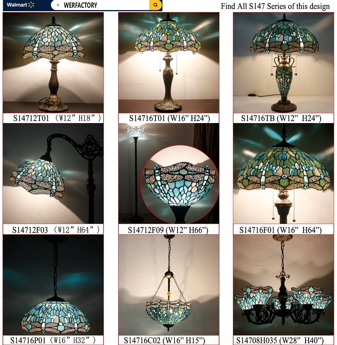 Tiffany Ceiling Light Fixture Semi Flush Mount 16" Sea Blue Stained Glass Dragonfly Shade Close to Dome Island Boho Hanging Lamp Decor Bedroom Kitchen Dining Living Room Entry Foyer Hallway WERFACTORY