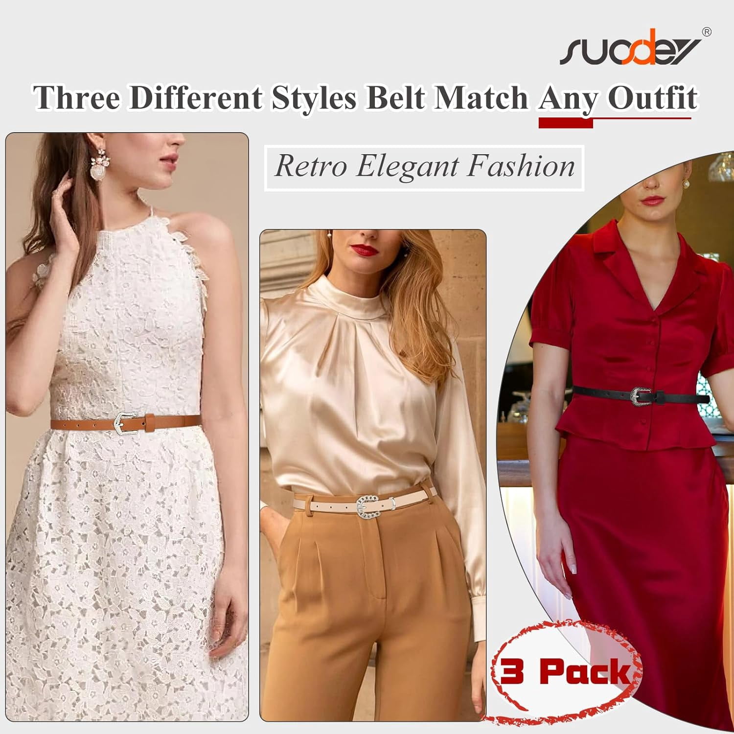 2233 Women Skinny Leather Belt For Dress Pants Jeans Ladies Thin Waist 3 Pack Women Skinny Leather Belt for Dresses Thin Leather  main image 2