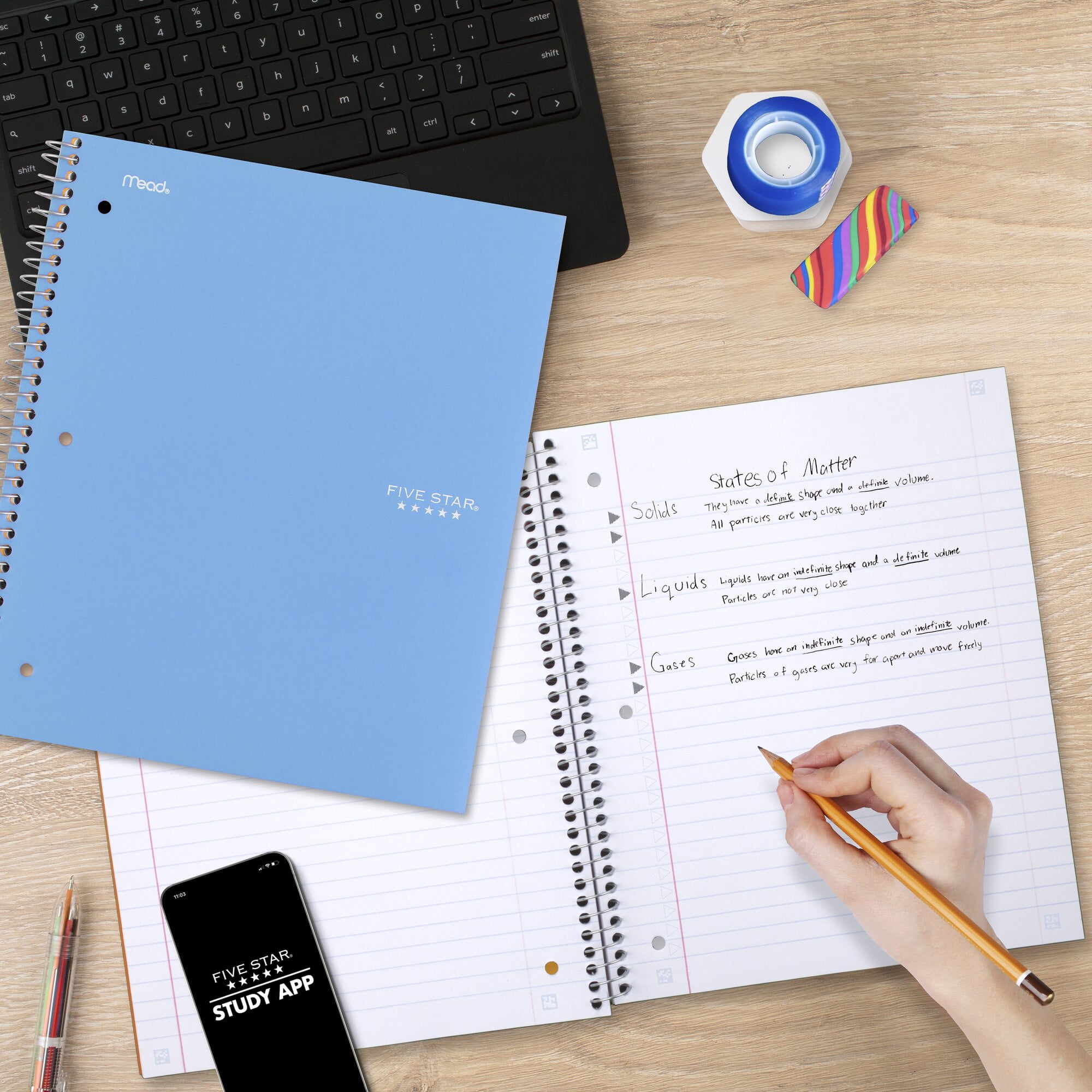 Five Star Spiral Notebook Plus Study App 3 Subject Wide Ruled 8 x 10 12 Sky Blue