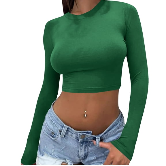Enjoytime Womens Long Sleeve Tops Solid Color Crew Neck Slim Cropped Shirts Spring Trendy Casual Blouses Green XXL