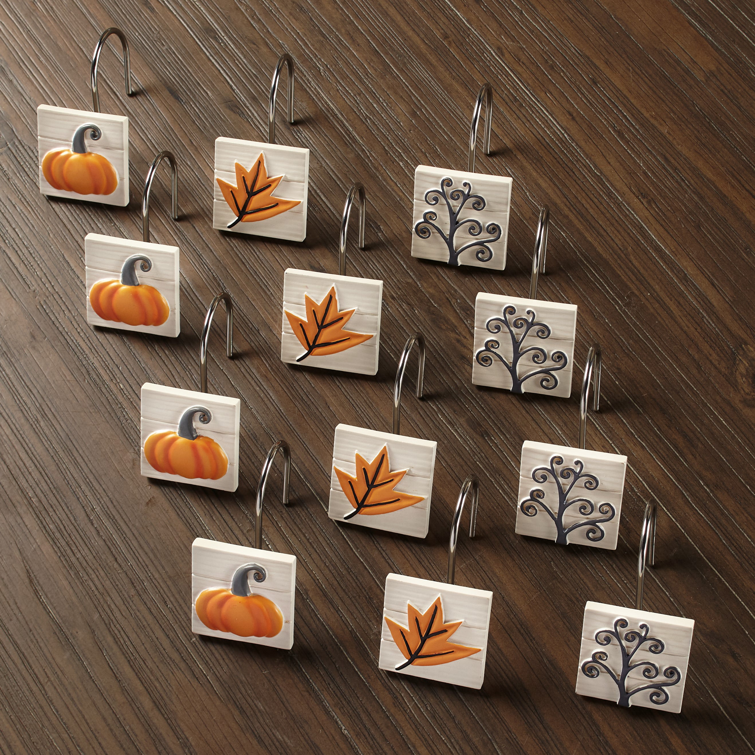 Plaid Pumpkin Shower Curtain Hook Hangers with Autumn Icons Set of 12 